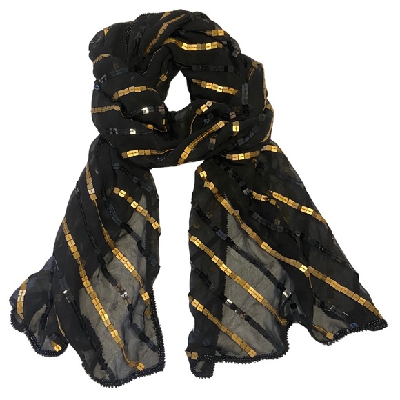 Bebe 100% Pure Silk Sequin Embellished Scarf Gold Black Sequin Womens 65” x 13” - Picture 1 of 8